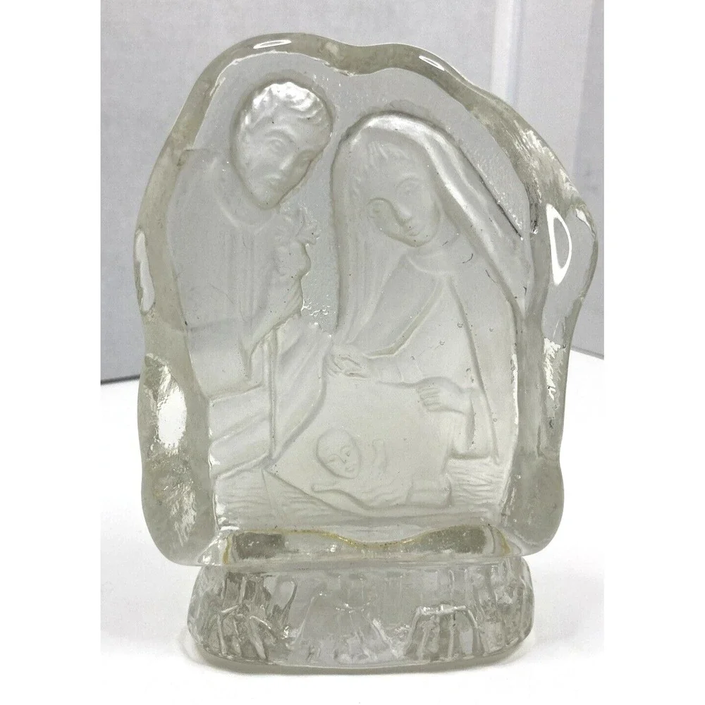 Vtg Frosted Glass Nativity‎ Tea Light Candle Holder Mary Joseph Baby Jesus 5
